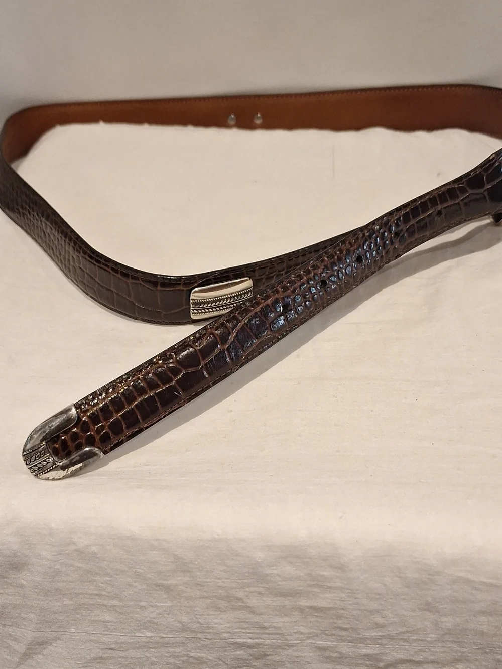 Johnston & Murphey Brown Croc-Embossed Leather Belt with Silver Hardware Size 42